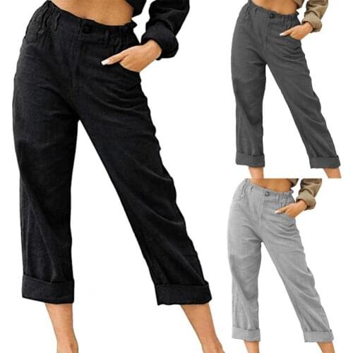 Woman Pants Fashion Short Pants Casual High Waist Pockets Cotton Linen Long Straight Pants Loose Trousers Large Size Pants