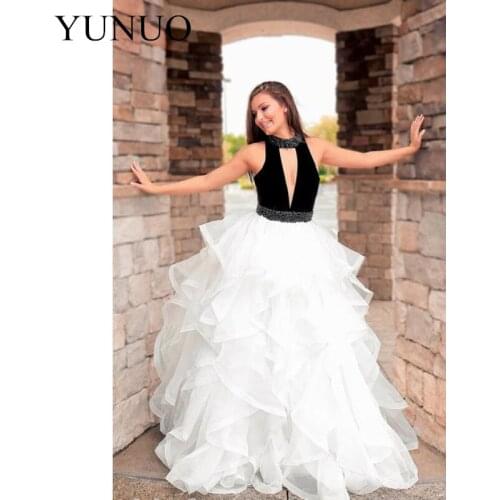 Black Velvet Beaded Prom Dress Layers Ruffle Organza Skirt