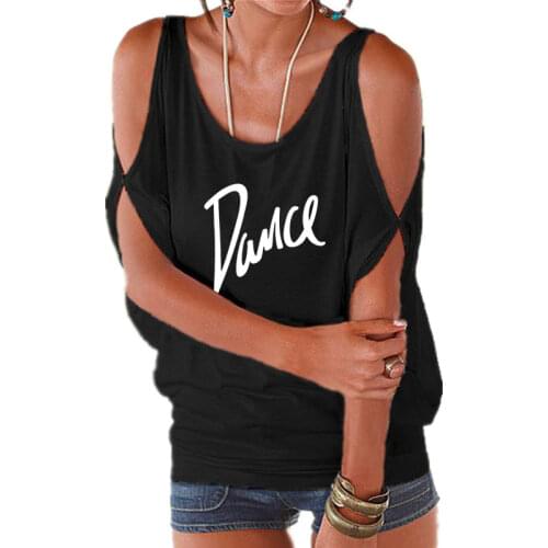 Women T Shirt Ladies Casual Letter Dance T-shirt Sexy Off Shoulder Batwing Short Sleeve Lace up Solid O-neck Lady Loose Tops Tee