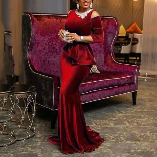 Elegant Velvet Party Long Dress Burgundy High Waist Bodycon Mermaid Floor Length Sexy Luxury Evening Night Dinner Vestidos Mujer