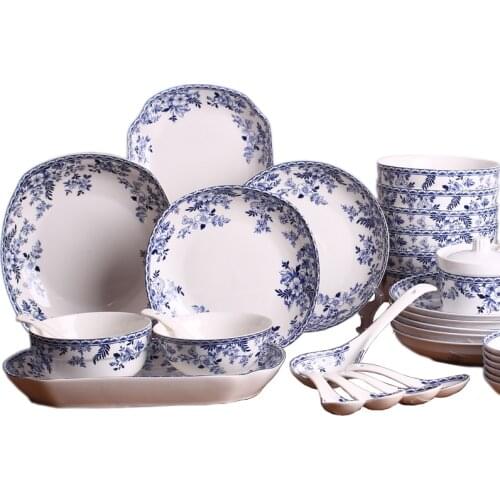 European blue and white porcelain plate bowl tableware household Chinese ceramic dish soup plate large size fish plate rice bowl