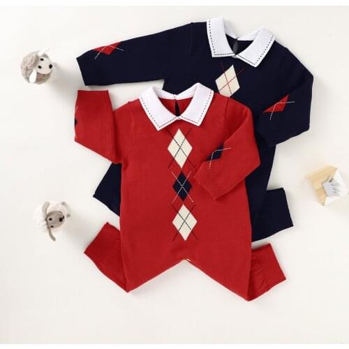 Newborn Romper Baby Boys Long-sleeved Gentleman Geometric Pattern Printing Jumpsuit Toddler Clothes