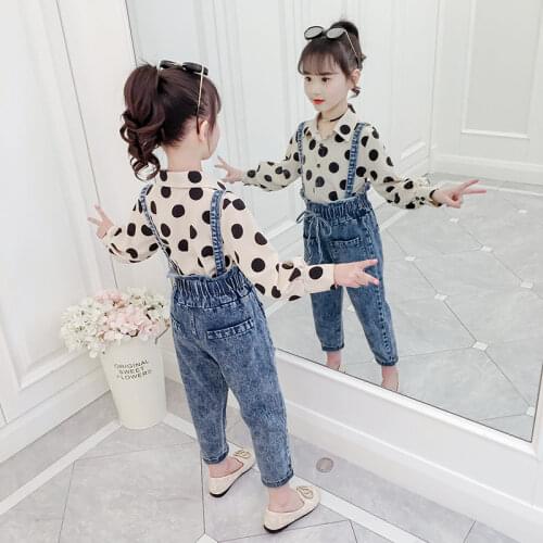 2021 Spring Summer Children Clothing Sets Girls Long Sleeve Dots Print Shirt + Denim Overalls Suit Teen Kids Clothes Set W124