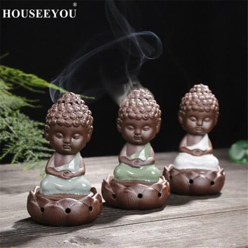 Creative Wholesale Ceramic Incense Burner Little Monk Kiln Lotus Buddha Coil Incense Burner Guanyin Buddha Furnishing Articles