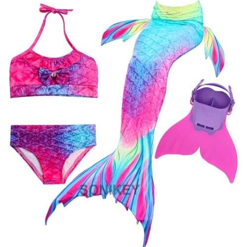 4pcs Mermaid Tails for Swimming Girls with Monofin Costumes Children Kids Halloween Cosplay Swimsuit Bikini Set