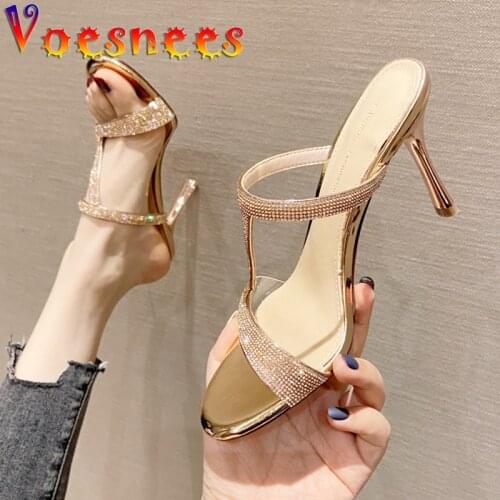 Summer Fashion Brand Women Shoes Square Toe T-belt Thin High Heels Women Slippers New Bling Rhinestone Sexy Party Dress Sandals