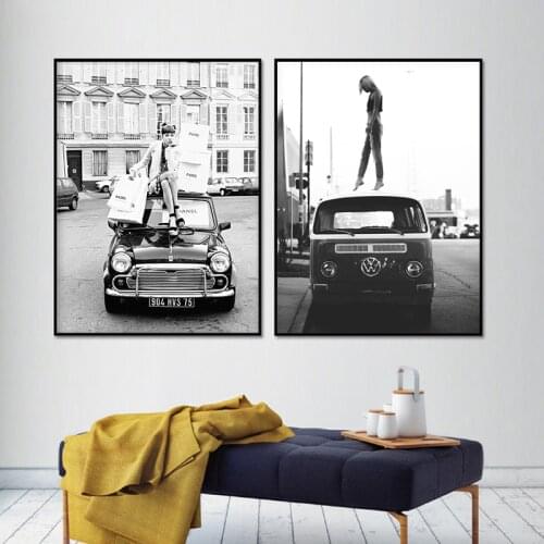 Fashion Girl Black White Photo Posters Print Vintage Street Photography Art Painting Retro Car Vogue Pictures Home Decor