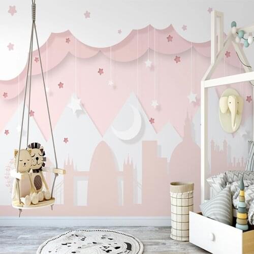 Custom 3D Wall Mural Hand Painted Pink Clouds Girls Bedroom Childrens Room Background Wall Paper Papel De Parede Infantil 3 D