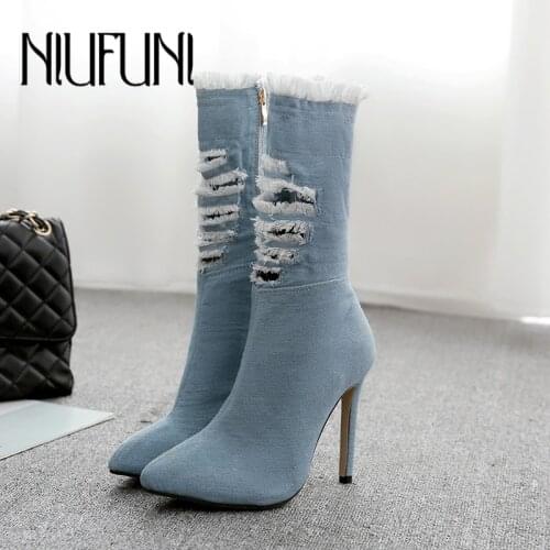 NIUFUNI Fashion Pointed Denim Hole Boots Women 2019 New Spring Autumn Mid-Calf Boots Women Casual Thin High Heels Ladies Shoes
