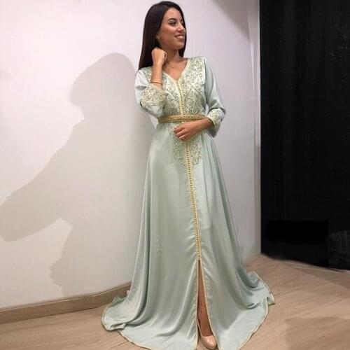 Eightale Dubai Evening Dress V-Neck Beaded Caftan Long Sleeves Satin Gold Sash Muslim Arabic Prom Dress Party Gown robe de soire
