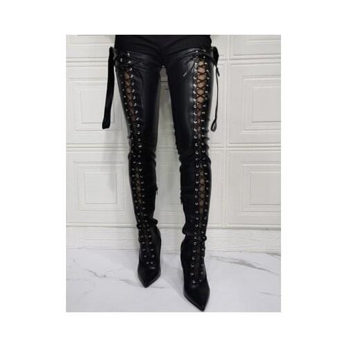 Sexy women Crotch Over Knee Hollow Out Summer Boots Ribbon Lace Up Thigh High Boot Out Strappy Gladiator Heels Big Size 14 15