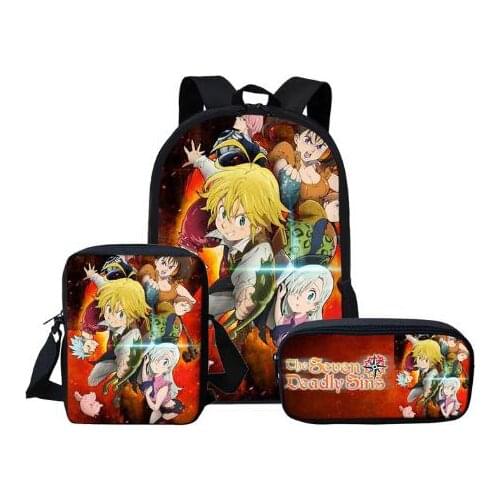 Seven Deadly Sins School Bag Set for Boys Girls Kids Schoolbag Children Anime 3PCS Nanatsu No Taizai Meliodas Elizabeth