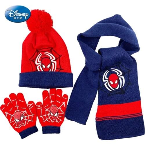 Disney New Autumn Winter Spiderman Knitted Hat Cartoon Cotton Three-piece Hat Scarf Gloves Baby Boys Girls Childrens Kids Hats