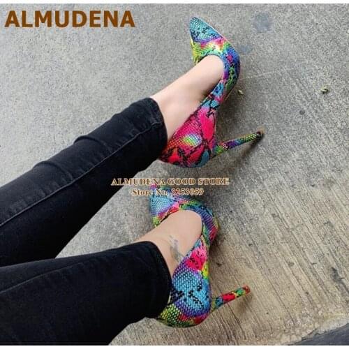ALMUDENA Multi Snakeskin High Heel Pumps Pointed Toe Shallow Dress Shoes Colorful Python Printed Banquet Shoes High Heels Size46