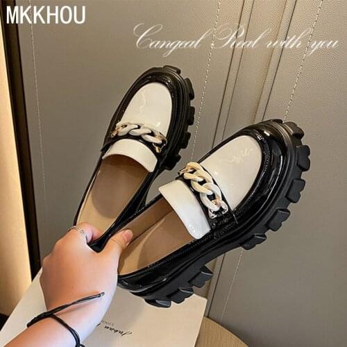 MKKHOU Fashion Single Shoes Women New Genuine Leather Round Toe Color Matching Platform Shoes Ladies Casual Light Loafers
