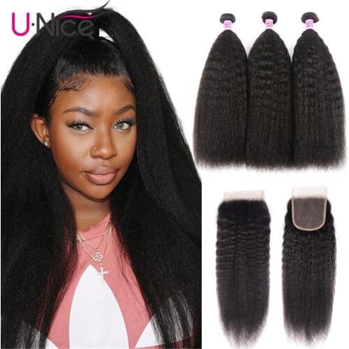 Unice Hair Kinky Straight Hair 2/3 Bundles Deals with closure Mongolian Hair Weave Coarse Yaki Human Hair Remy Hair Extension