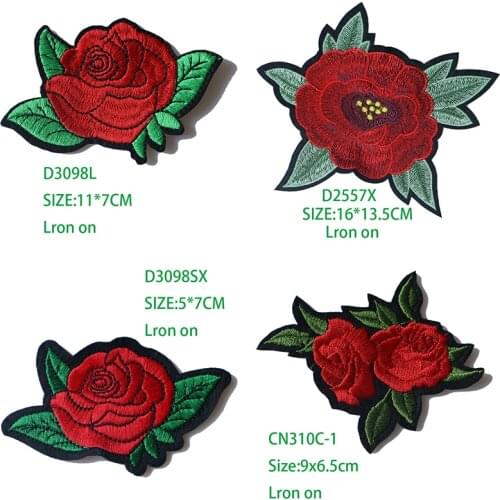 Rose with Leaves in Love Embroidered Iron on Patches for Clothing DIY Stripes Clothes Patchwork Sticker Custom Flowers Badges