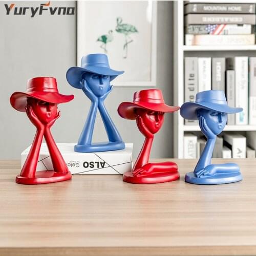 YuryFvna Modern Minimalist Abstract Girl Sculpture Hat Character Flowerpot Resin Storage Ornaments Nordic Home Decoration