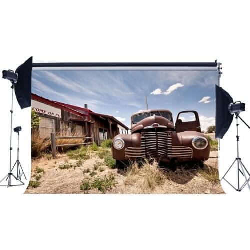 West Cowboy Backdrop Old Car Backdrops Grocery Store Nostalgia Wood House Blue Sky White Cloud Background