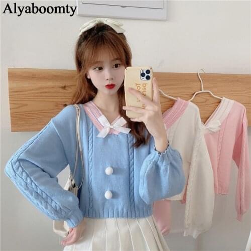 Candy Color Preppy Style Women Pullover Sweater V Neck White Pink Blue Yellow Short Sweet Sweater Cute Kawaii Bow Short Sweater