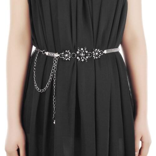 Silver color Metal Body Belly Black Flower Crystal Diamante Waist Chain Woman Belt