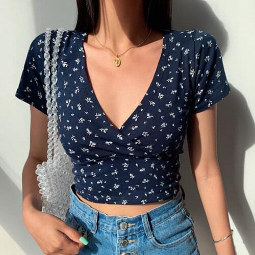 Sexy V-neck Retro Short Sleeve Ladies Top Blue Flower Print Cross Pleated T-shirt Casual High Waist Fashion Slim Top