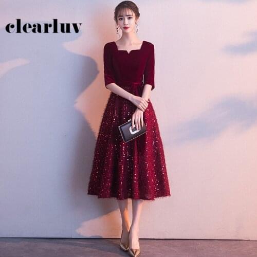 Shining Sequin Women Party Gowns DR331 Burgundy A-Line Vestido De Festa Square Collar Prom Dresses Half Sleeve Formal Dress 2020