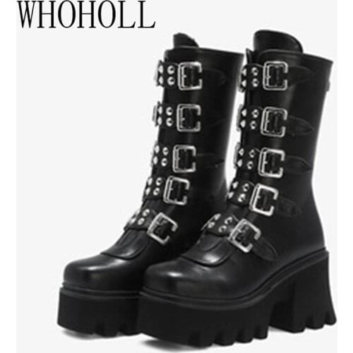 Winter Buckle High Boots Women Punk Female Platform Boots Wedges High Heels PU Women Boots Botas Mujer Plus Size 43 44