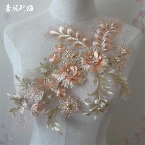 1Pc 36X24cm Beaded Wedding Dress Floral Embroidery Sewing Patches Lace Applique Flower Trims DIY Craft BD391