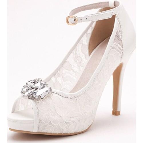 2018 Popular Peep Toe Lace High Heels Ladies Wedding Rhinestone Shoes Sweet Women Pumps Platform Free Shipping