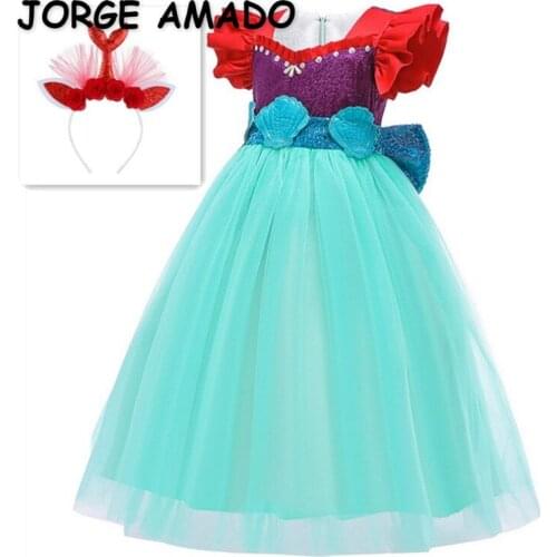 2021 New Summer Teenagers Girls Halloween Cosplay Dress Cartoon Merman with Headwear Princess Party Perform Kids Clothing E0627