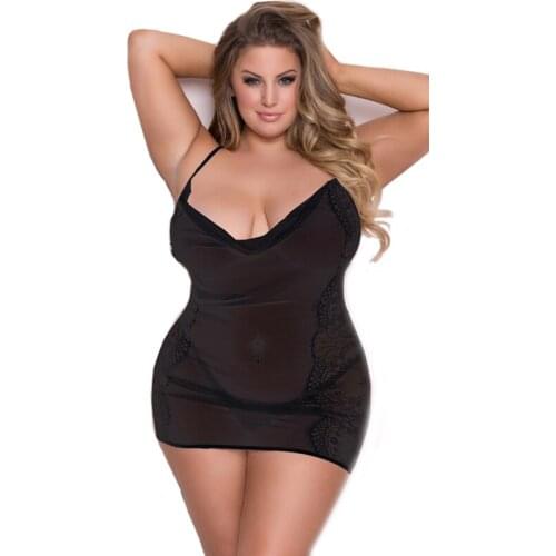 5XL Women Mesh Halter Mini Dress + Thongs Bodycon Sexy Plus Size Lingerie Erotic Porno Dresses Backless See Through Nightdress