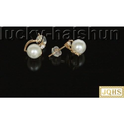 AAA+ 100% round natural white AKOYA sea salt water pearls Earrings 14KT solid gold Stud j11602