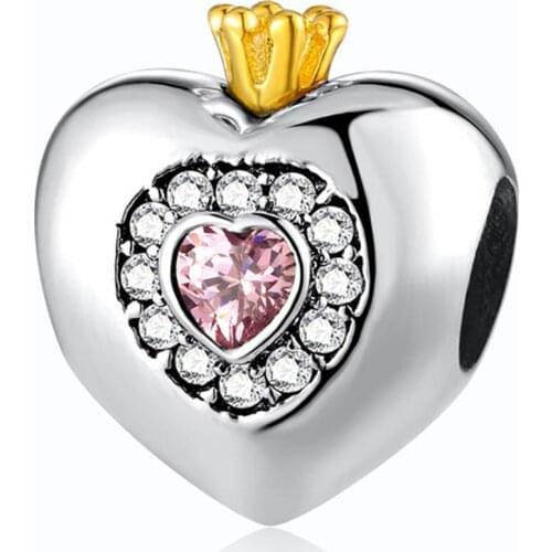 Authentic S925 Bead DIY Jewelry Princess Heart Charm fit Pandora Bracelet Bangle Pink CZ