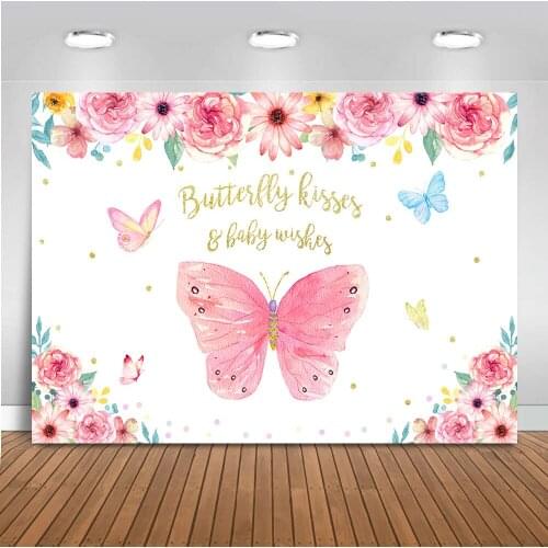 Butterfly Kisses Backdrop Baby Wishes Floral Photo Background Pink Flowers Girl Baby Shower Party Decoration Girls Baby Shower