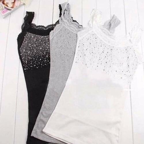 KLV Women Sexy Rhinestone Lace Stunning Based Sleeveless Vest Tank Top Tee T-Shirt Black White Gray Camisole Cami Shirt Slim