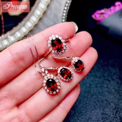 Natural Garnet Jewelry sets for Women Classic 6x8mm Oval Genuine Gemstone Necklace/Ring/Dangling earrings Gift S925 silver #135