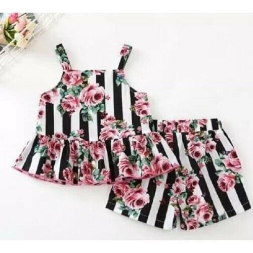 Gilr Clothes Set Summer Off Shoulder Blouse Roes Print Short Pants 2 Pcs Striped Clothing Suit For Baby Kids Cute Sets