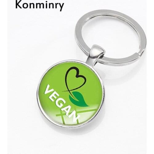 Konminry Classic Vegan Key Chain Green Leaves Design Glass Pendant Key Holder Women Men Vegetarian Keychains Jewelry