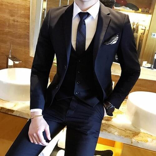 Men Blazer Autumn Slim Business Suit Men Fashion Solid Color Lapel Collar Coat Jacket Vest Pants Business Suit Set Wedding Suits
