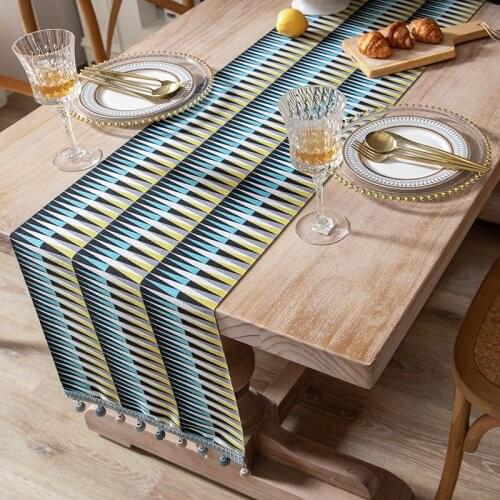 DUNXDECO Abstract Geometric Art Table Runner Party Long Table Cover Bohemia Simple Soft Chenille Fabric Holiday Desk Decorating