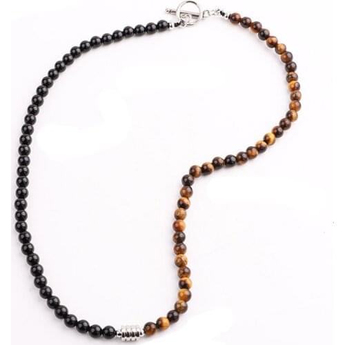 New Male Necklace Natural Stone Tiger Eye Map Jasper 316L Stainless Steel Charm Beaded Necklace Jewelry Gift Men