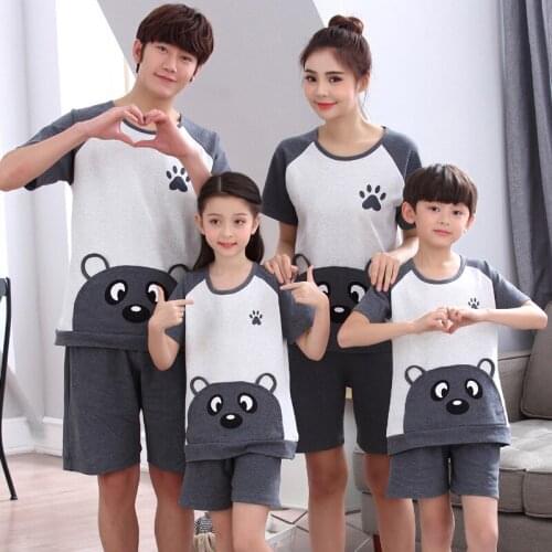 Szie 8-4XL MING New Parent-Child Pajamas Set Summer Short Sleeves Pure Cotton For Boys Girls Women Men Cute Cartoon Home Wear