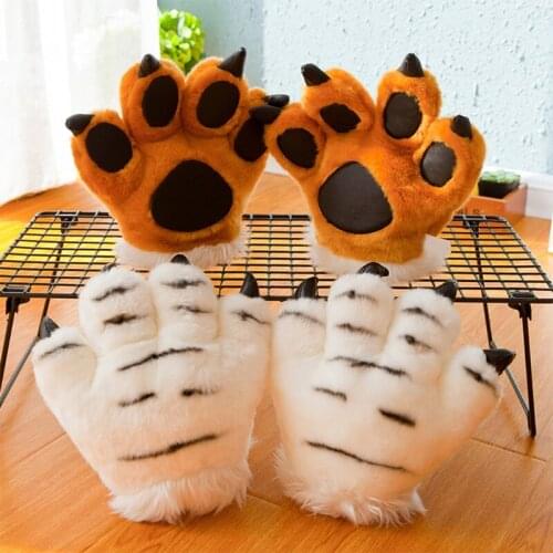 Adult Kids Simulation Tiger Paw Plush Gloves Striped Fluffy Animal Stuffed Toys Padded Hand Warmer Halloween Cosplay Costume