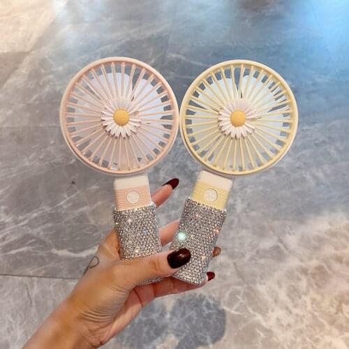 Handheld Fan Inaly Rhinestones Mini Portable Fan Summer Daisies USB Charging Desk Fan Folding Fan Mini Cooler Desk Pink Personal