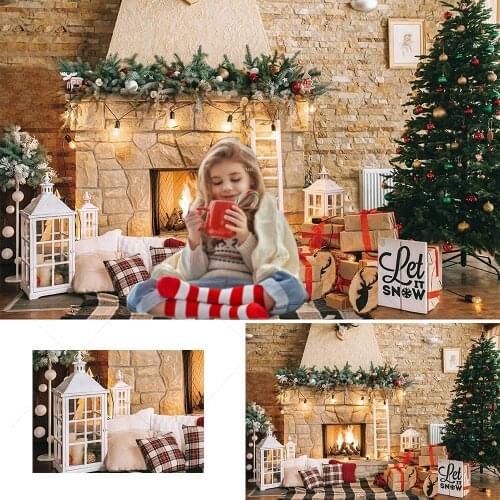 Christmas Fireplace Backdrop for Photography Christmas Tree Gift Decorations Xmas Party Supplies Background Banner Photo Studio