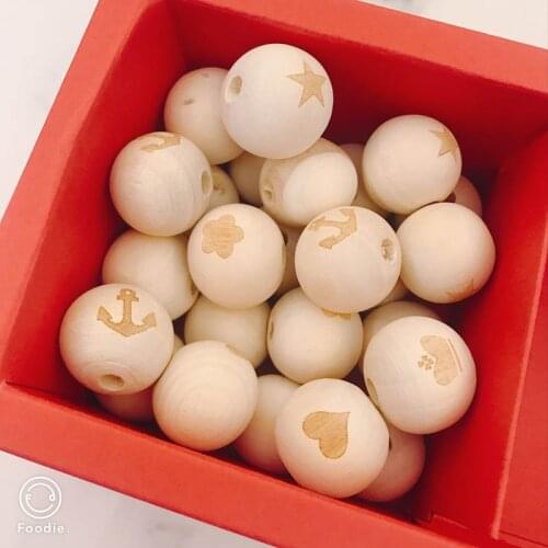 Mix Heart Star Anchor Crown Artistic Carving Natural Round Wooden Spacer Beads For Jewelry making DIY 20pcs 18mm MZ1