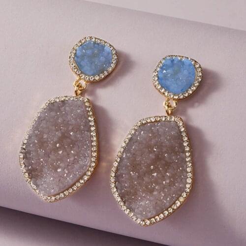 FYJS Unique Light Yellow Gold Color Layer Irregular Shape Cluster Crystal Dyed Stud Earrings with Rhinestone Jewelry