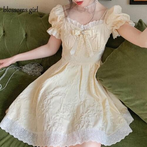 Yellow Kawaii Elegant Dress Women Sweet Korean Princess Lolita Dress Female Casual Puff Sleeve Lace Up Party Dress Summer 2021