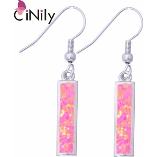 CiNily Created Pink Fire Opal Silver Plated Wholesale Fashion Jewelry for Women Wedding Dangle Earrings 1 5/8" OH3411